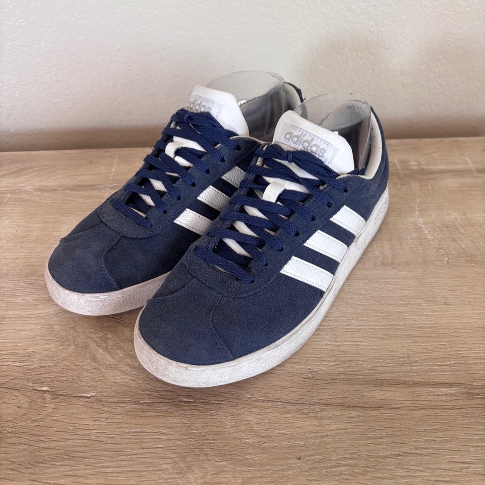 Adidas Women’s Navy Suede Sneakers with White Stripes